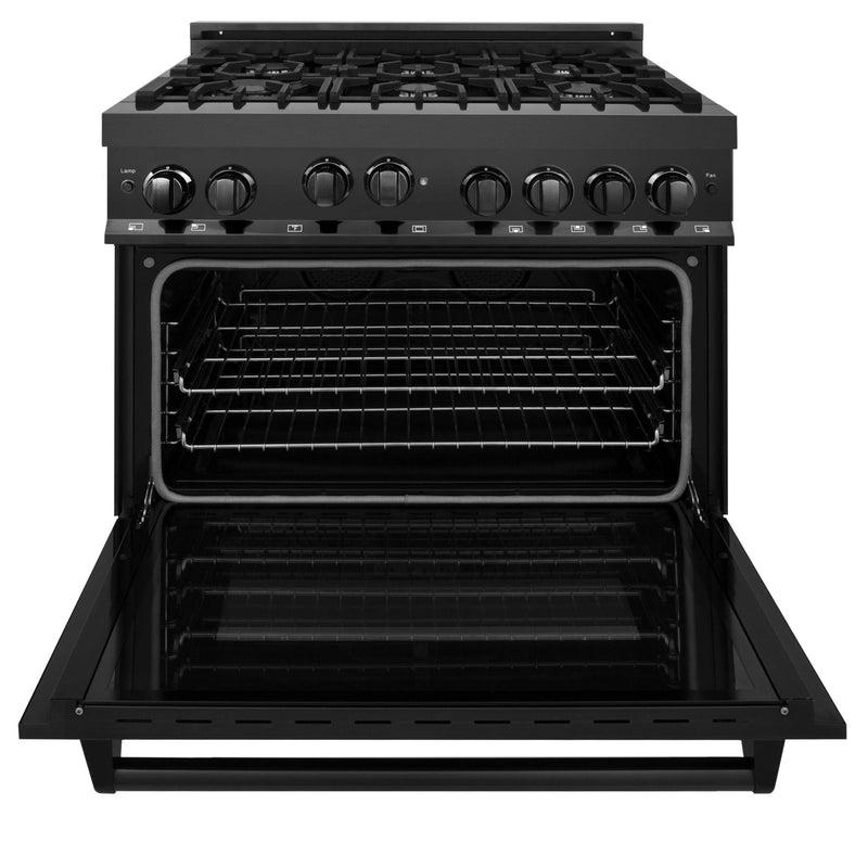 ZLINE Appliance Package - 36 in. Gas Range, Range Hood, Microwave Drawer, Dishwasher - Black Stainless Steel, 4KP-RGBRBRH36-MWDW