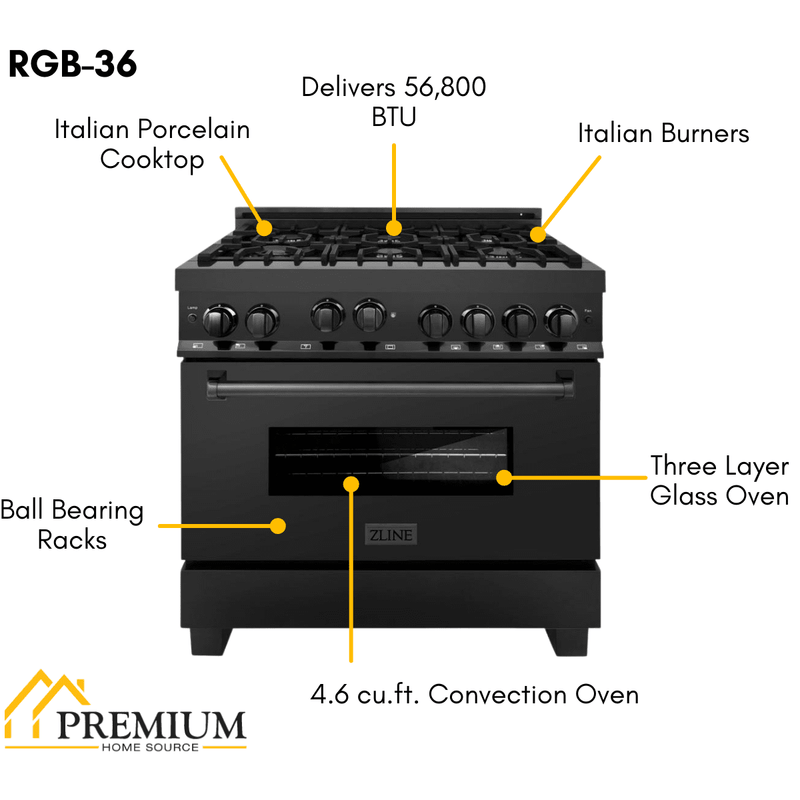 ZLINE Appliance Package - 36 in. Gas Range, Range Hood, Microwave Drawer, Dishwasher - Black Stainless Steel, 4KP-RGBRBRH36-MWDW