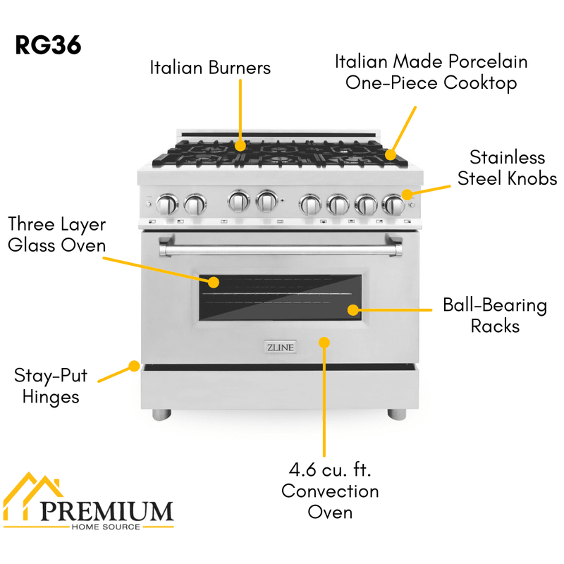 ZLINE 36 Inch Professional Gas Burner and Gas Oven Range in Stainless Steel, RG36