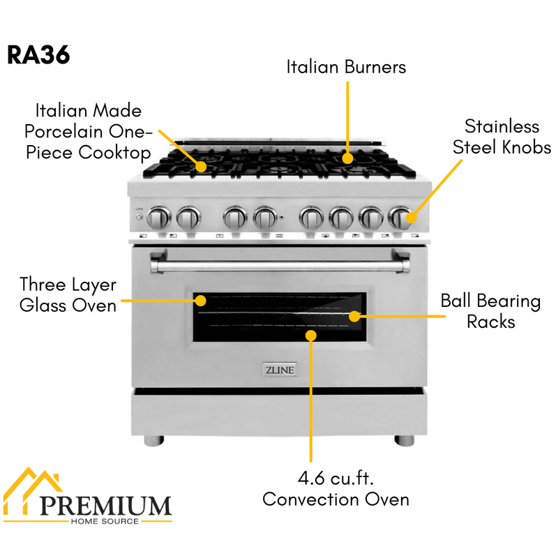 ZLINE 36 in. Professional Gas Burner/Electric Oven Stainless Steel Range, RA36