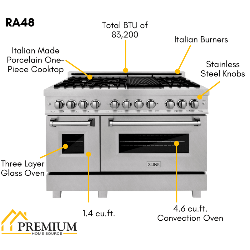 ZLINE 48 in. Professional Gas Burner and Electric Oven in Stainless Steel, RA48