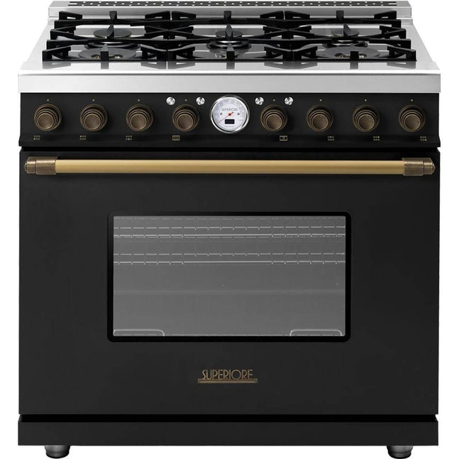 Superiore Deco 36-Inch Gas Freestanding Range in Black Matte with Bronze Trim - RD361GCN_B_