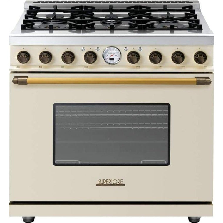 Superiore Deco 36-Inch Dual Fuel Freestanding Range in Cream Matte with Bronze Trim - RD361SCC_B_