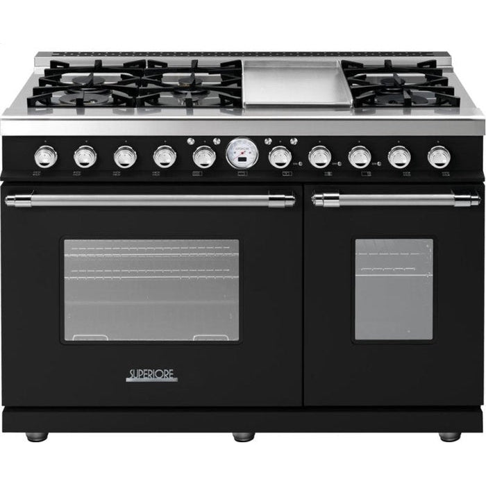 Superiore Deco 48-Inch Dual Fuel Double Oven Freestanding Range in Black Matte with Chrome Trim - RD482SCN_C_