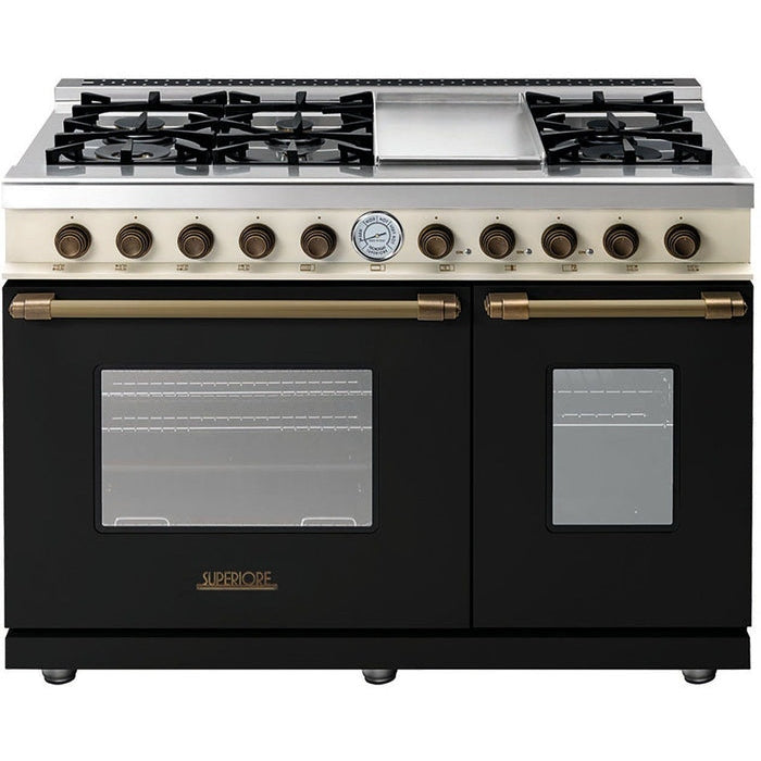 Superiore Deco 48-Inch Gas Double Oven Freestanding Range in Black and Cream Matte with Bronze Trim - RD482GCNCB_