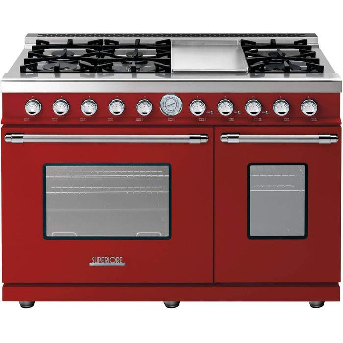 Superiore Deco 48-Inch Gas Double Oven Freestanding Range in Red Matte with Chrome Trim - RD482GCR_C_