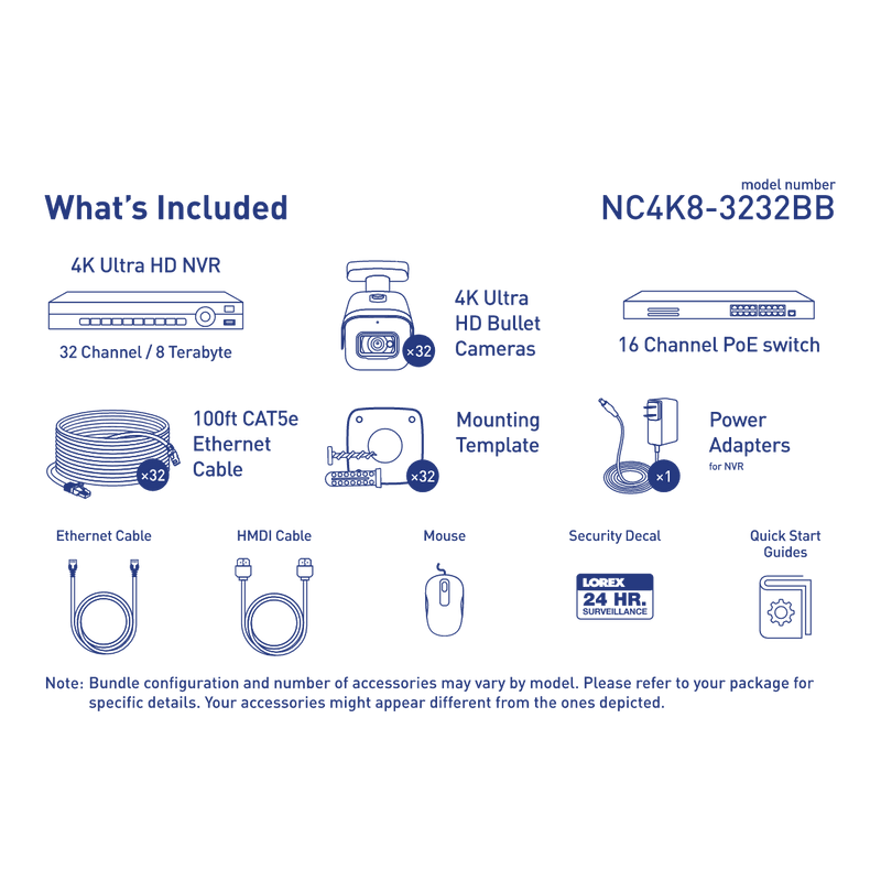 Lorex 32-Channel NVR System with Thirty-Two 4K (8MP) IP Cameras Security Surveillance System New NC4K8-3232BB