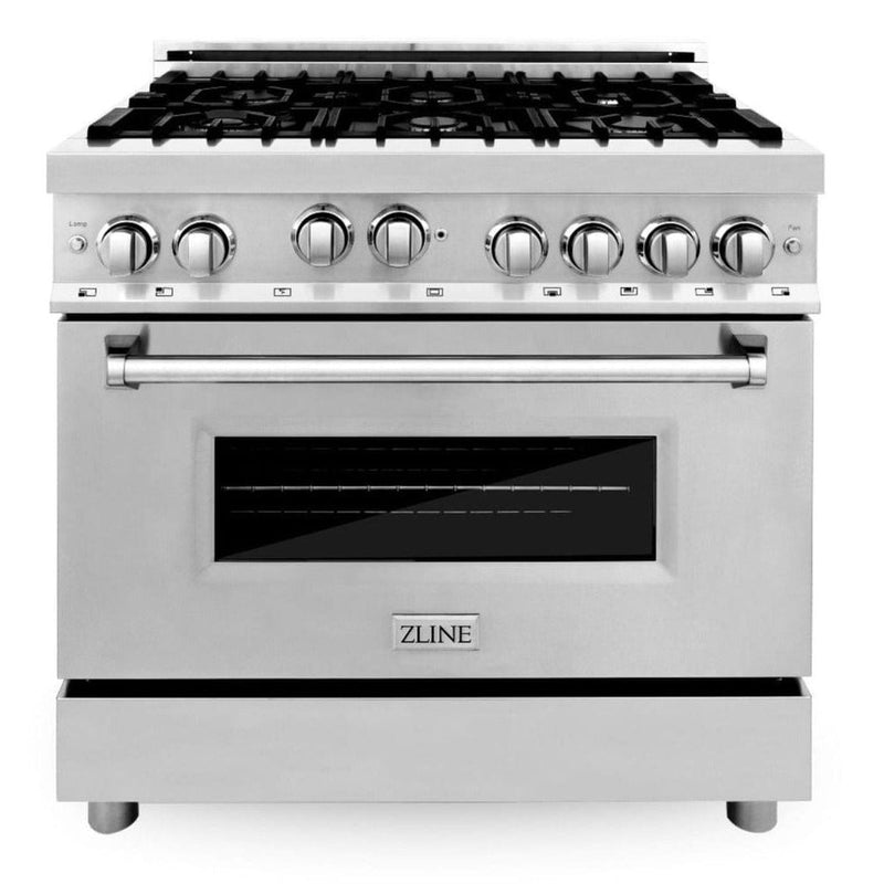 ZLINE Appliance Package - 36 in. Gas Range, Range Hood, Microwave Drawer, 3 Rack Dishwasher, 4KP-RGRH36-MWDWV