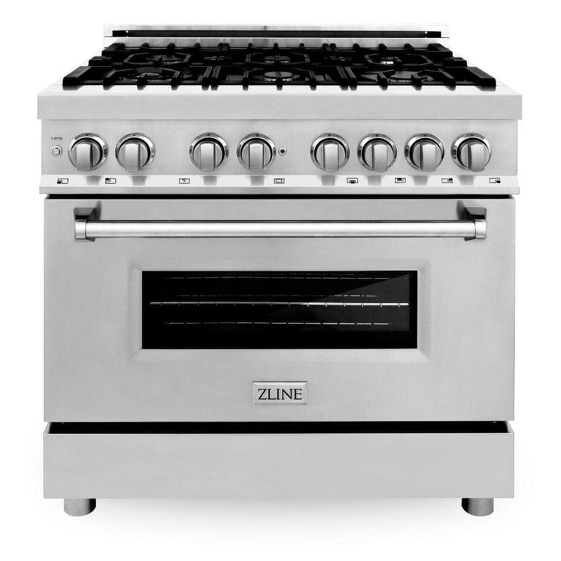 ZLINE Appliance Package - 36 in. Dual Fuel Range, Range Hood, Microwave Drawer, Dishwasher, 4KP-RARH36-MWDW